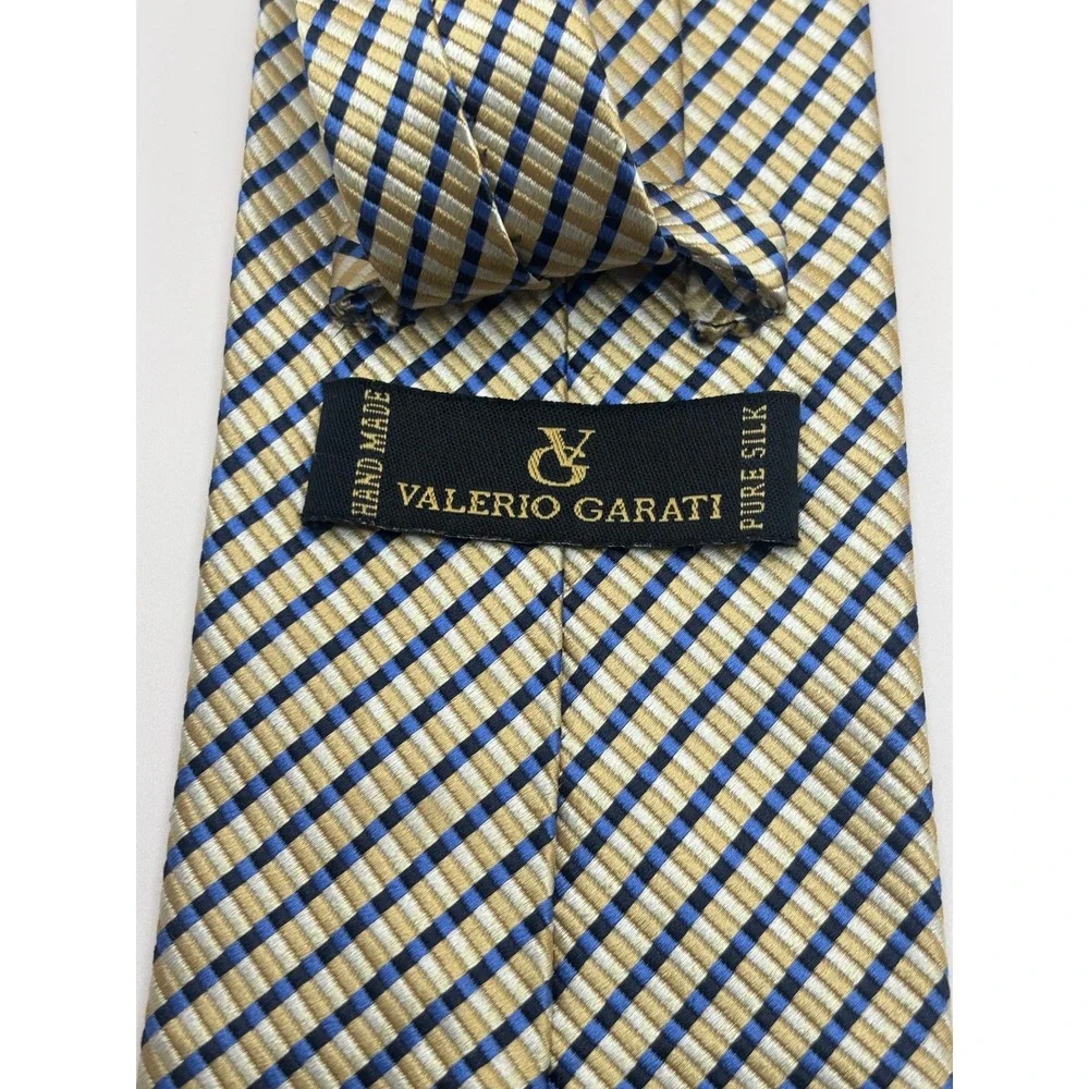 Valerio Garati Men Gold Blue Striped Pure Silk Handmade Necktie Tie
